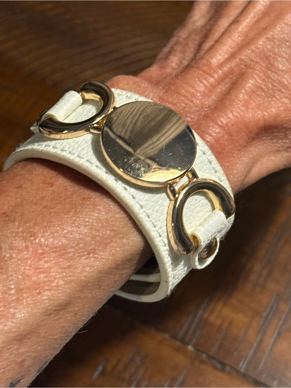 White Leather Gold-Tone Link Cuff Bracelet